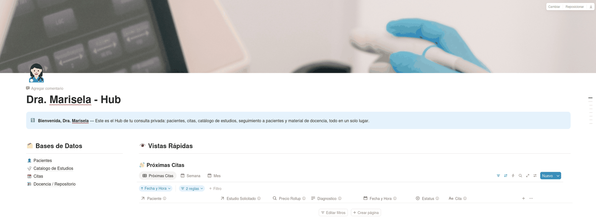 Vista del HUB de Notion construido para un cliente real, con sus bases de Citas, Pacientes y Catálogo de Estudios